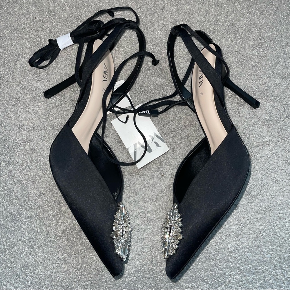 Zara Black Satin Pointed Slingback Heels with Crystal Brooch - Picture 12 of 16